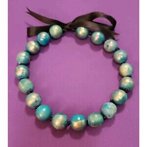 Teal & Gold Colored Large Wooden Beaded Necklace with Black Satin Ribbon